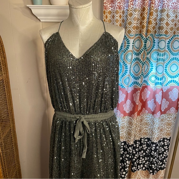 ASOS DESIGN sequin cami wide leg jumpsuit in khaki  Size 12 NWT - Picture 2 of 7